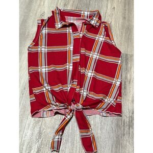 Sleeveless tank Tie-Front Top Plaid Checkered Red Orange Gray Trendy‎ size small